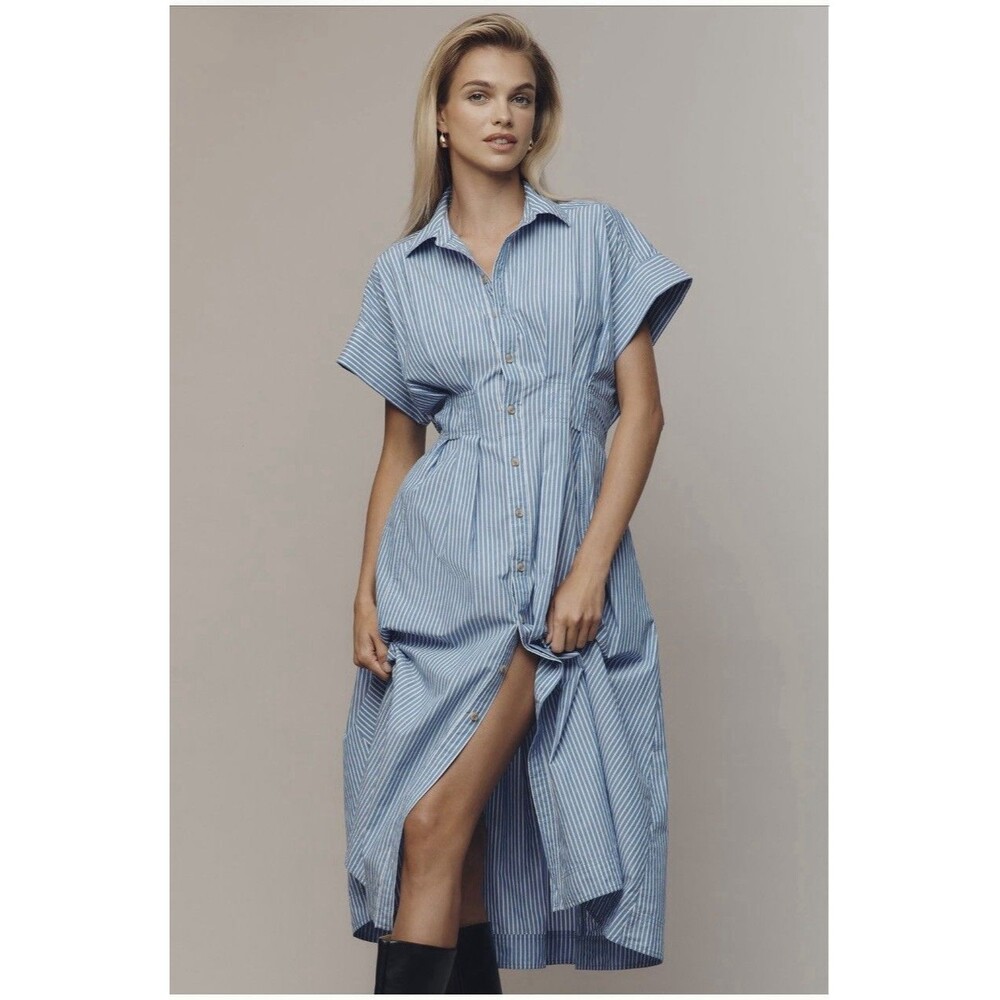 Anthropologie Pilcro Short Sleeve Seamed Midi Shirt Dress Sz Lg Blue & White